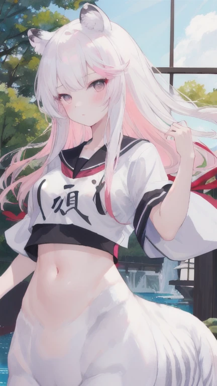(masterpiece, best quality), 1girl, white hair, long hair, pink eyes, blossom, in hot springs, blossom, shirt, in the , naked, facing backwards, two horn, tatto yakuza,