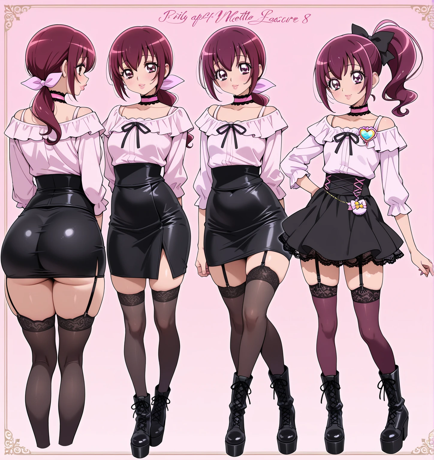 big lips, Brown hair, pink eyes, japanese face, improve, improve grin, two sides up, huge breasts, Wide hips, sexy, detailed, pink room, Hits, (evil smile1.4), kawaii, pleated skirt, punk, GOOD, Pink and black suit, plaid skirt, punk shirt, choker, punk skirt, punk shirt,navel piercing
