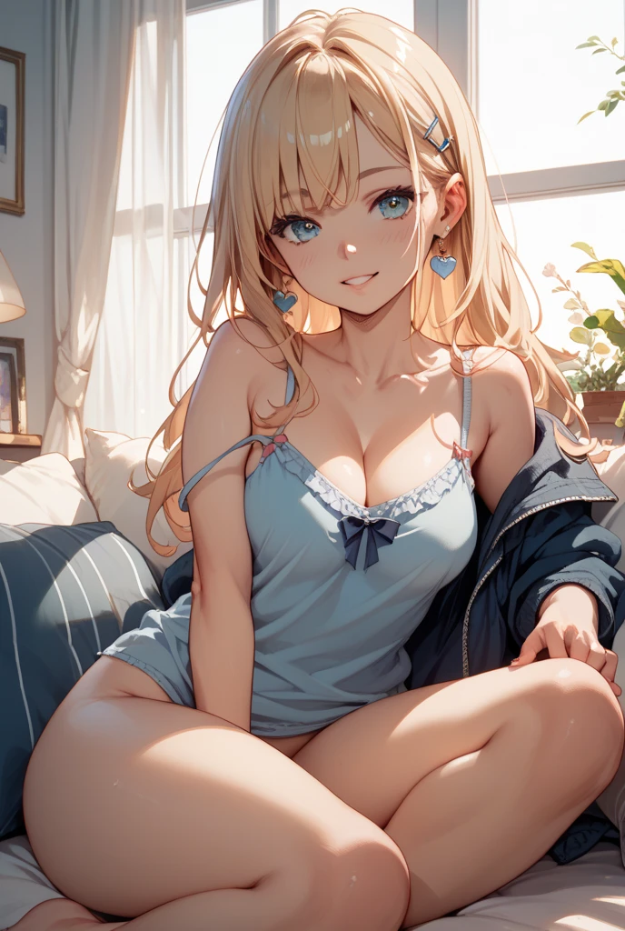 1-girl, solo, femenine body type, green and blue eyes, heterochromia green-blue contact lenses, perfect eyes, ultra detailed eyes, blonde curly long hair, blonde curly hair, big ass, B cup , naughty smirk, dominant, exquisite and complete facial features, glowy skin, glowing skin, large eyes, long eyelashes, pink clothes, pink mini dress, lingerie, babydoll lingerie from below, (masterpiece), (detailed), perfect, detailed face, highres, (best quality) , (high quality), (high definition) long lashes, solid circle eyes, gentle smile, cheek blush, surrealism, parallel shadow, point of view, 8k, ultra detailed, elegant bedroom environment, sit on bed, afternoon sunshine, golden hour
