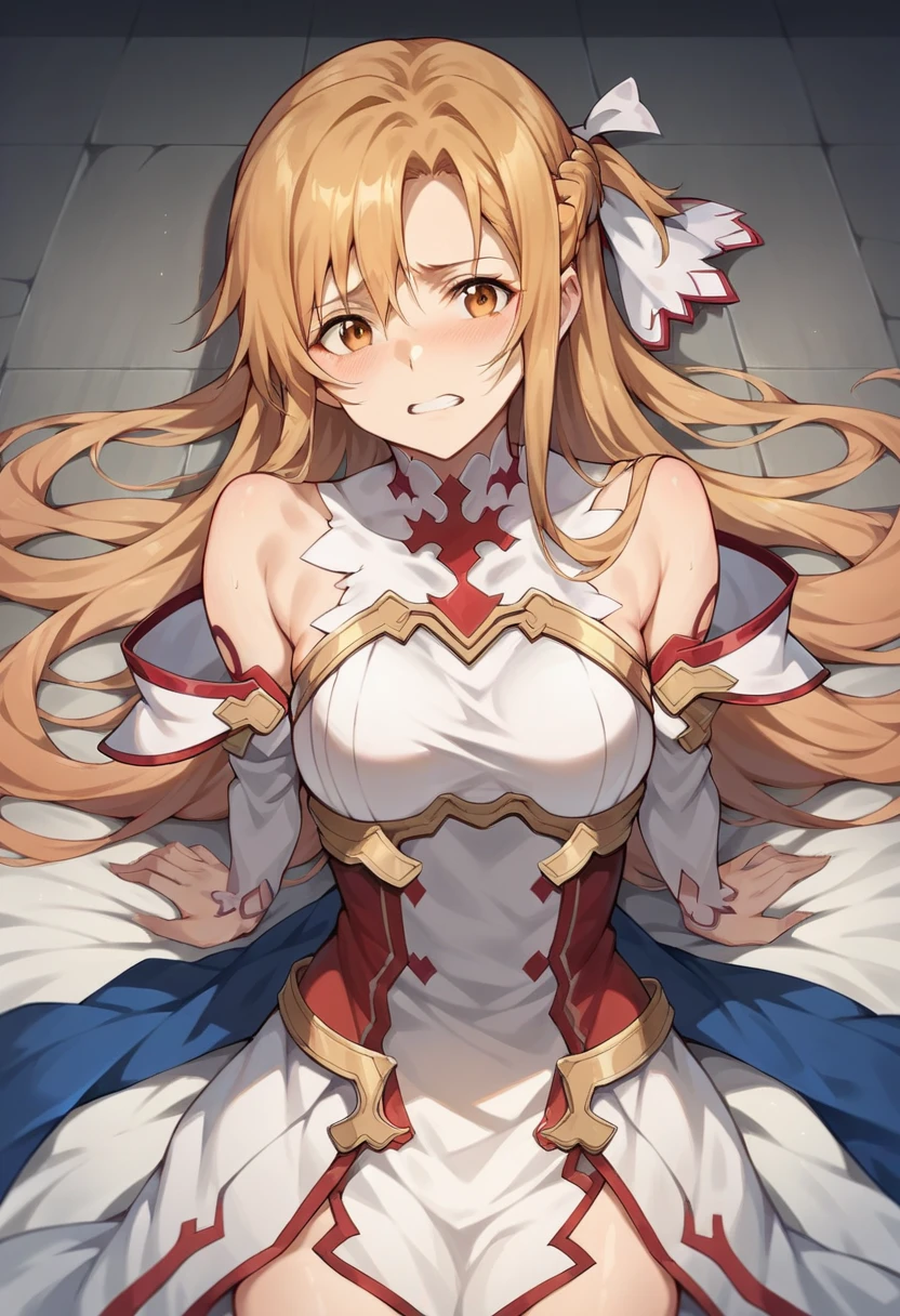 rating_safe, score_9, score_8_up, score_7_up, score_6_up, source_anime, exploding clothes, torn clothes, surprised
BREAK
blush, surprised, looking down, covering breasts, looking at viewer, cowboy shot, motion lines, pecorine, blue eyes, hair ornament, long hair, orange hair, tiara, braid, hair braid, arm belt, armor, ascot, blue socks, boots, dress, gloves, hair ornament, open clothes, open dress, pauldrons, pleated skirt, puffy short sleeves, puffy sleeves, red ascot, red skirt, short sleeves, shoulder armor, single pauldron, skirt, socks, white dress, white footwear, white gloves
<lora:explodingclothespony:0.7>, <lora:pecorine-ponyxl-lora-nochekaiser:0.7>