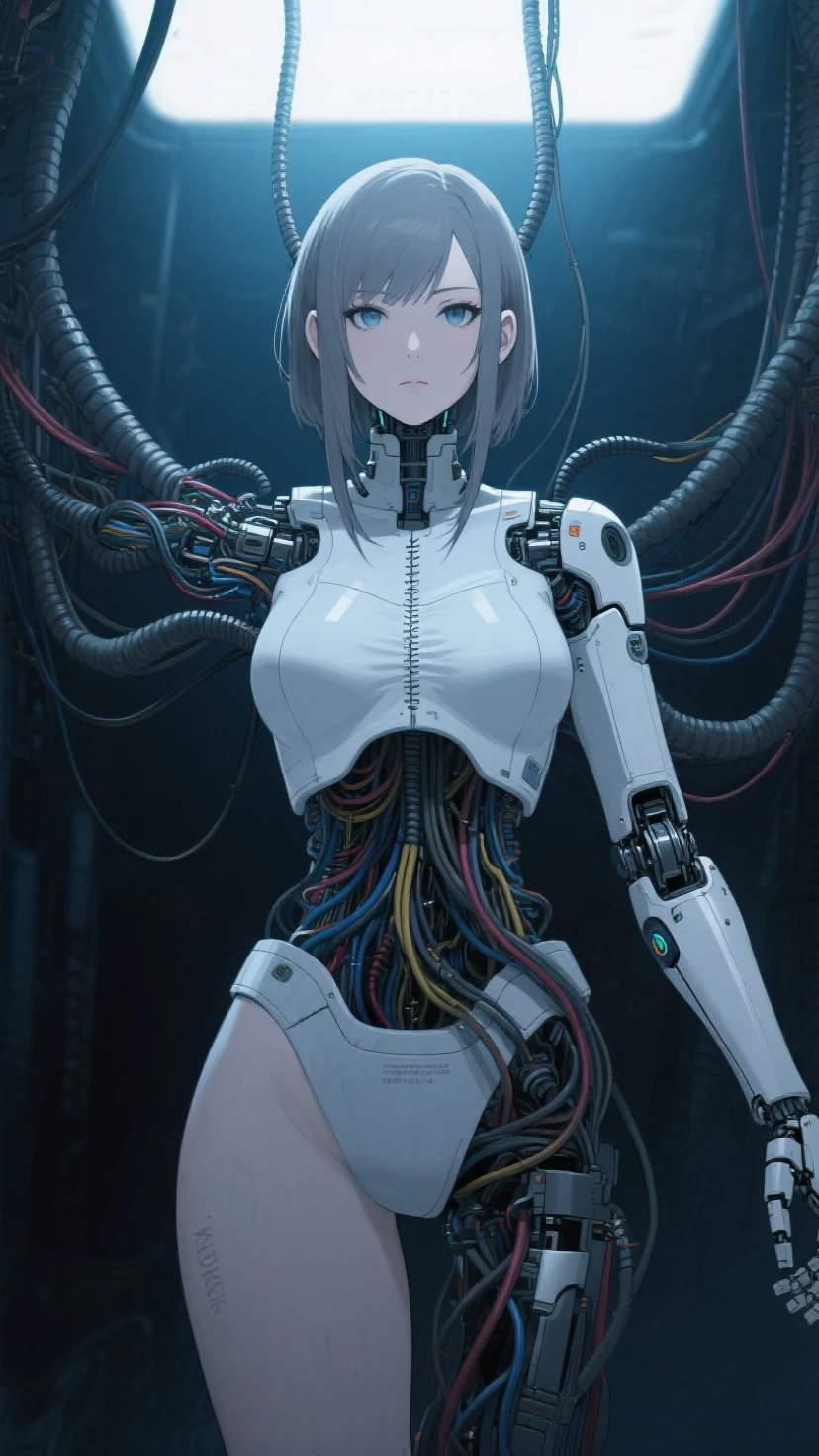 (((masterpiece))), (((Highest quality))), ((Very detailed)), (Highly detailed CG illustrations), ((Very delicate and beautiful)),(Cute and delicate face),Light,((1. Machine Girl)),alone,whole body,(Machine made joints:1.4),((Mechanical Limbs)),(Muscle swelling),(The container is connected to a tube),(Brain in a container:1.3),((Mechanical vertebrae attached to the back)),((Mechanical cervical spine attached to the neck)),((Sitting)),poker face,(Wires and cables attached to head and body:1.5),Small breasts,short hair,(Character Focus),SF,Lying down,Dark shortcuts,Centering shortcuts,A devastated society,alone,