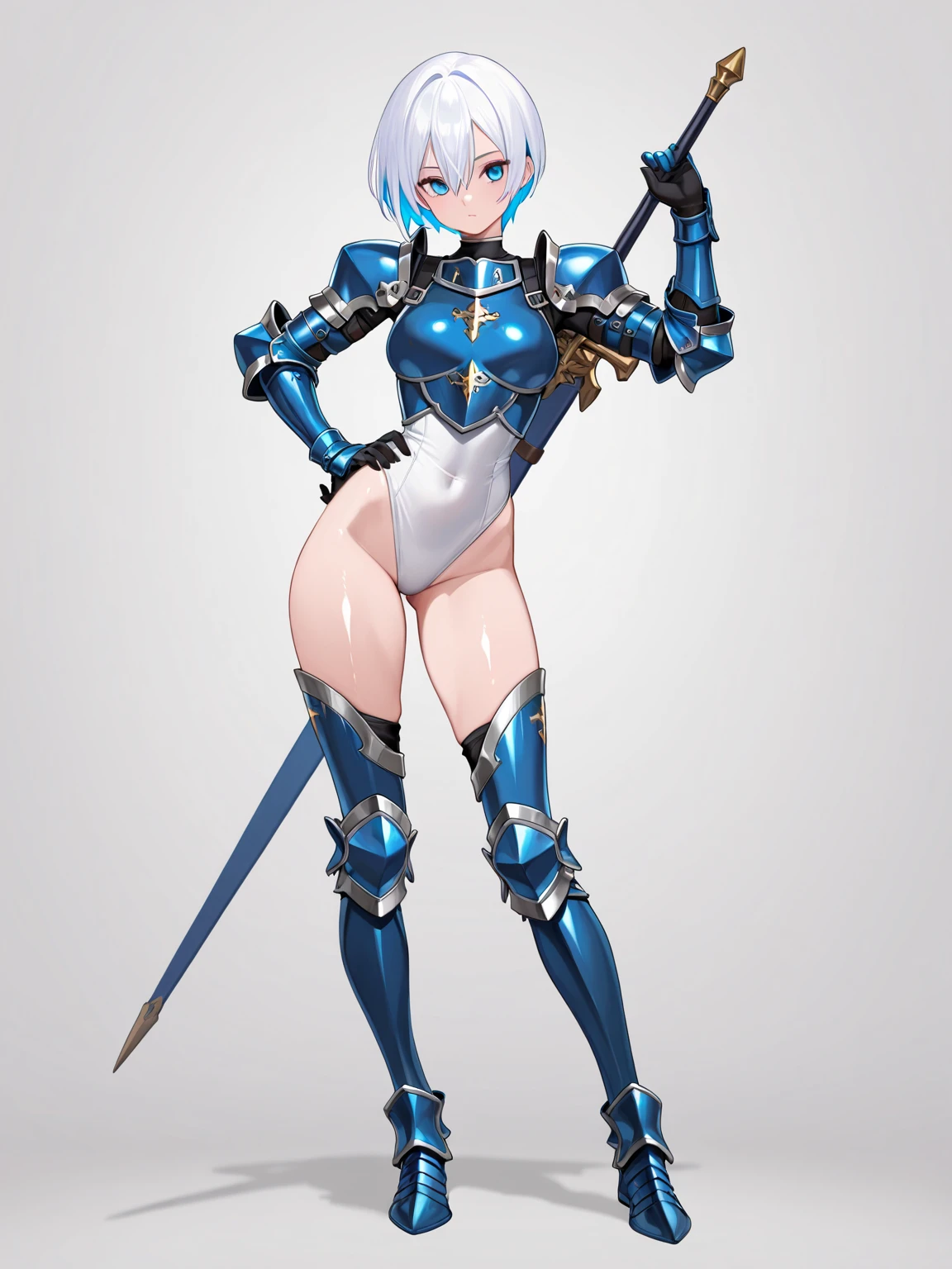 full body,masterpiece, high details, high quality, best quality, anatomically correct, masterpiece, textured skin, super detail,ultra-detailed, best quality, extremely detailed, 8k, high res, realistic, 1girl, 18yo, beautiful girl, (half closed eyes),(narrowed eyes:1.2),(open mouth), (blush:1.2),BREAK,(Silver armor:1.8),blue beautiful eyes, (dark blue medium bob hair,asymmetrical parted bangs:1.8),BREAK,(Ready your spear:1.5),(voluptuous bust:1.3),(Gaunt , thin waist:1.3),looking at viewer,white background,