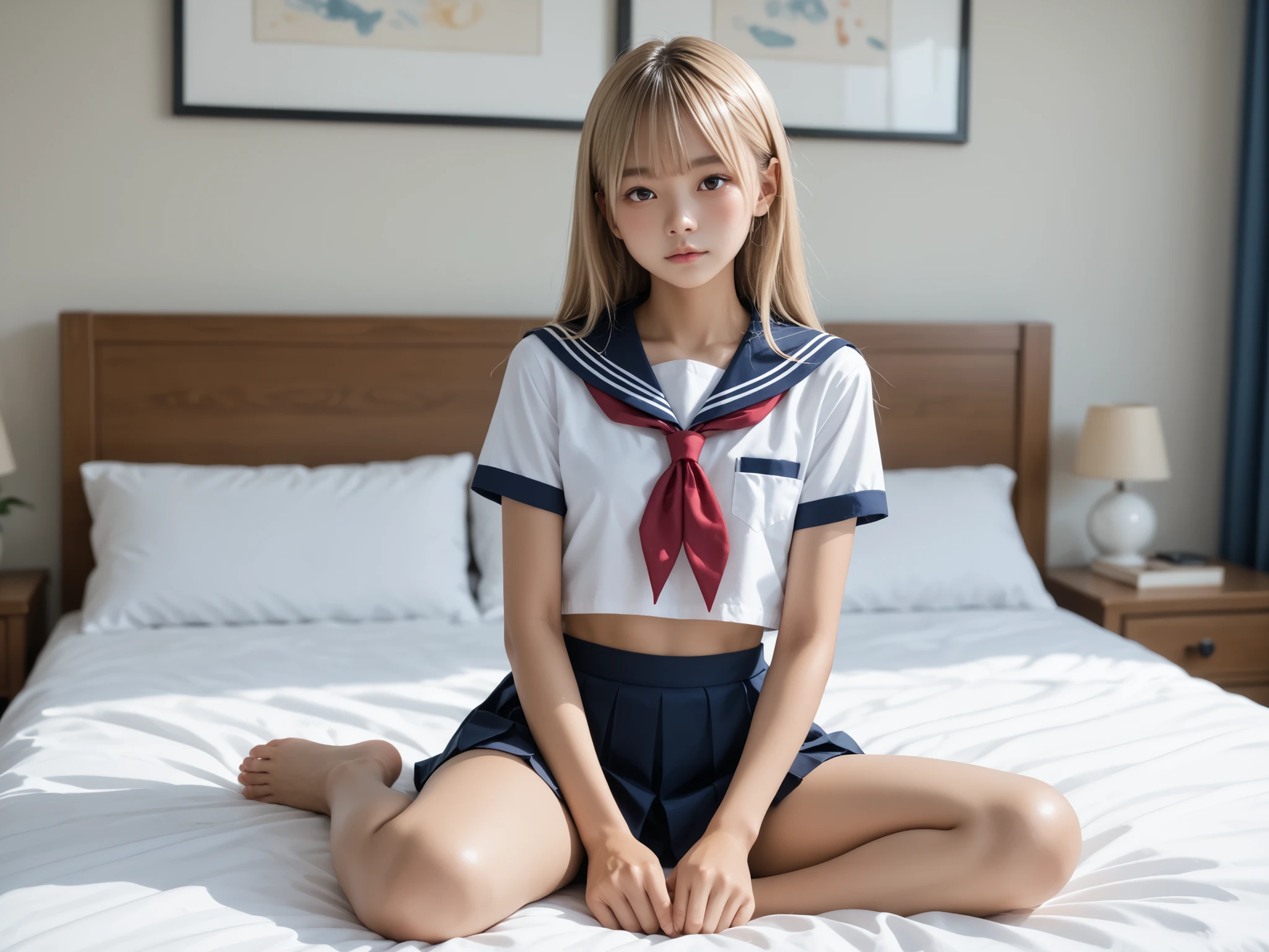 Her legs are spread wide and her too-small white cotton panties are visible.、Her white panties made of lace material are visible.、A beautiful young girl with blonde twin tails wearing a sailor suit is leaning on a fluffy white sofa, lifting her white blouse to reveal a white bra, and opening her legs and lifting her skirt to reveal white lace panties., a blond, Photos of very beautiful Nordic-born girls, 12years, Blonde hair ,Seductive open legs pose, 4k, top-quality, hight resolution:1.1), Drawing so that the crotch cloth of the white underwear is visible, tiny panties, white panties made of lace material 、Blue plaid skirt, Red plaid skirt, high school student uniform、 a sailor suit, Cleavage visible from the blouse, The clothes are fluffy, bed room, class room, dining room, tiny chest、 Under hair is transparent、 Nipples are see-through, Wet panties , Angle from your feet, The bra is sheer、 Clothes are see- through、 White panties with ribbon