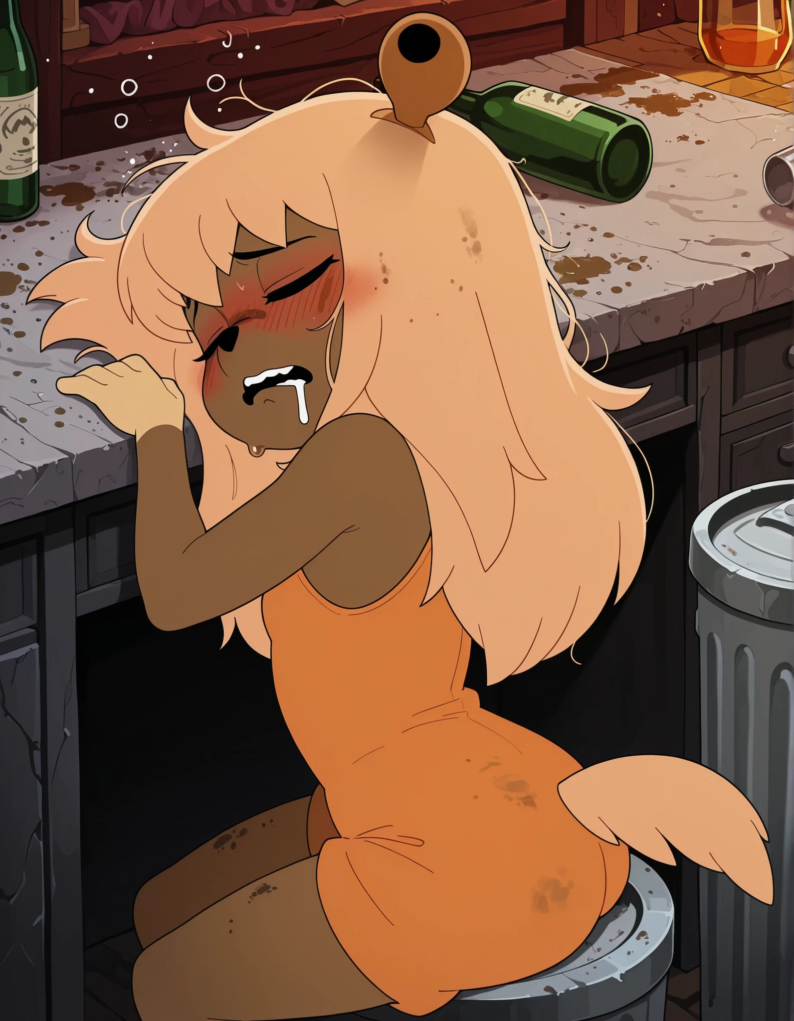 masterpiece, best quality, very aesthetic, 1girl,, solo, sitting, leaning against trash cans, unconscious, passed out, closed eyes, (drunk blush:1.2) (very drunk:1.2), lilotte, furry female, long hair, dog ears, dog tail, orange overalls, blonde hair, indoors, dog girl, drooling, dirty, disheveled
