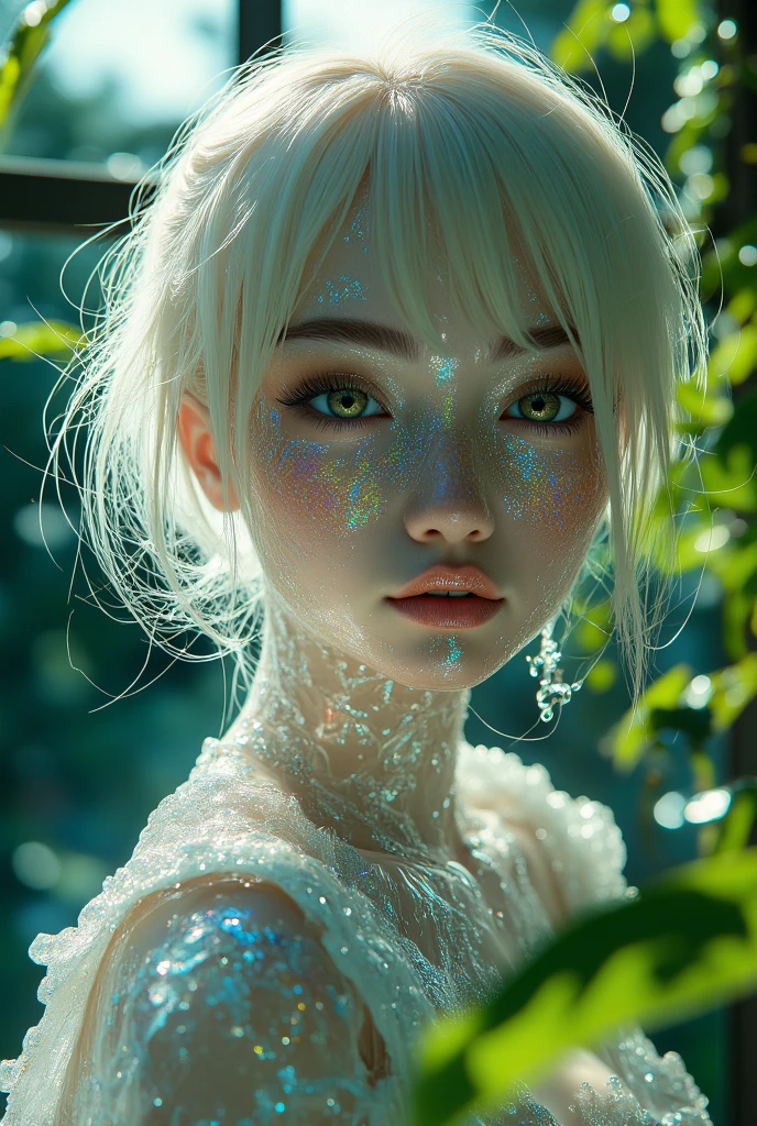 a beautiful girl is sitting on the beach,winking,Crystal spring flower, Pink white gradient, water drop, Fantastical, galaxies, Transparent, Light blue leaves, brilliance, aqua, colorful, Magical photography of light blue leaves, dramatic illumination, Photo realism, Ultra detailed, depthoffield, high resolusion, parted bangs, silver hair, Sparkle, god rays, projected inset, from above, 4k, anatomically correct, UHD