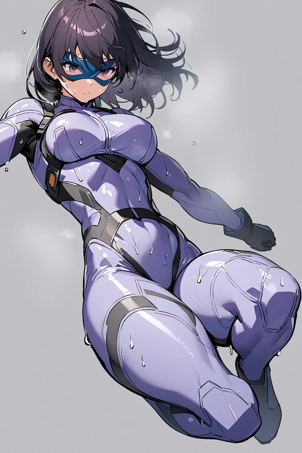 18 year old Yoruichi Shihōin from Bleach with tanned skin and a black surgical mask on, unzipping her purple latex suit to pridefully showing off her rock hard abs while sitting on on a mountain ledge, highly detailed