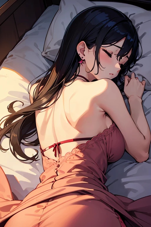calidad superior, Obra maestra, Ultra high resolution, Manhwa type illustration of a Korean girl with black hair, black eyes, lying on a bed and only wearing red underwear.