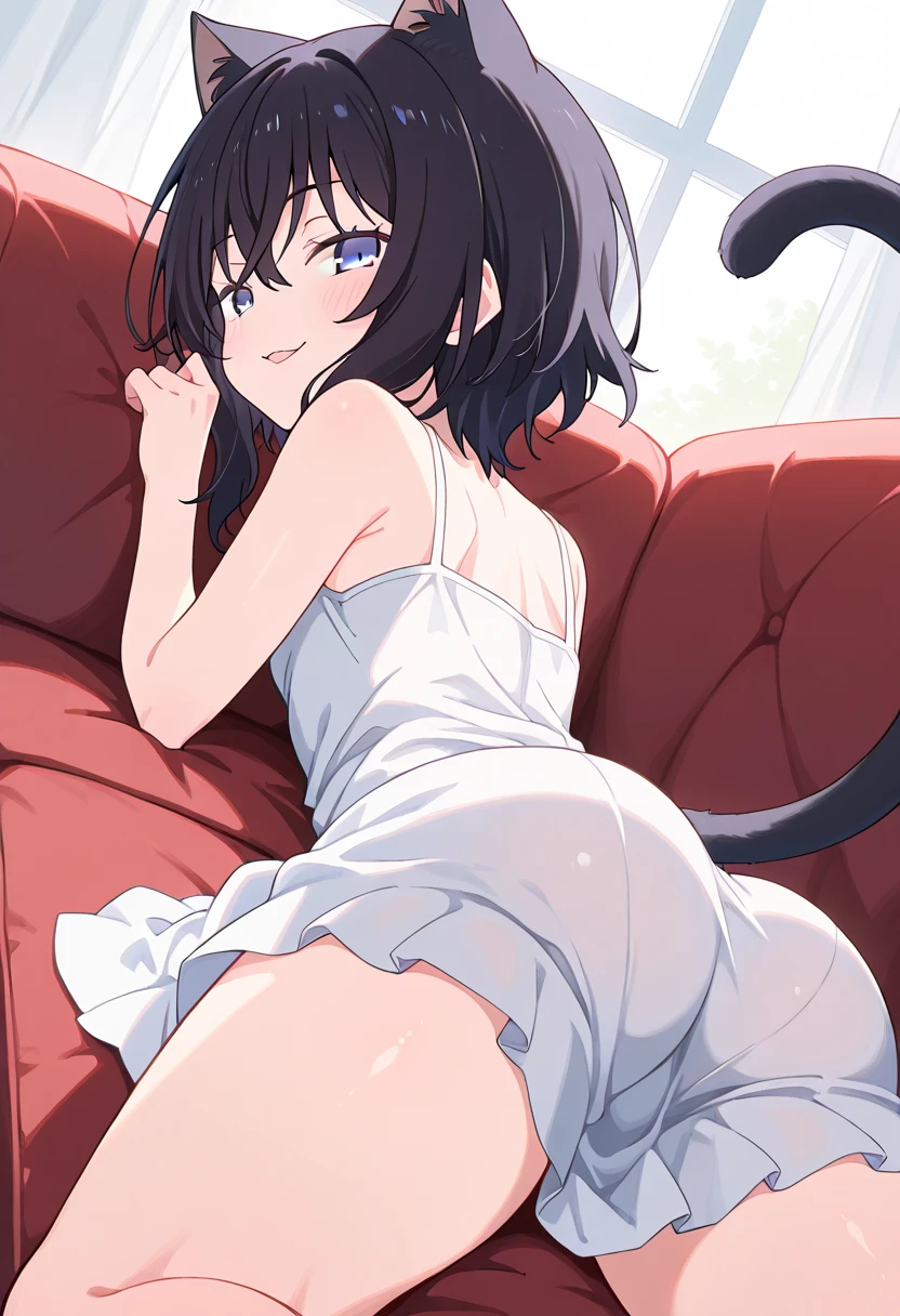 In the room, bed, (masterpiece, Highest quality; 1.3), Very detailed, 1 Girl, alone, Fine Grandia, Watch Viewer, smile, Kiki, Red ribbon, big, Cleavage, Black coat, blue sky, Black cat, Lying down, Half-undressed, Grab your chest, thigh, teeth, sexy, Off the shoulder, Bare shoulders, Mouth closed, compensate, lipstick, (Wet crotch: 1.3),