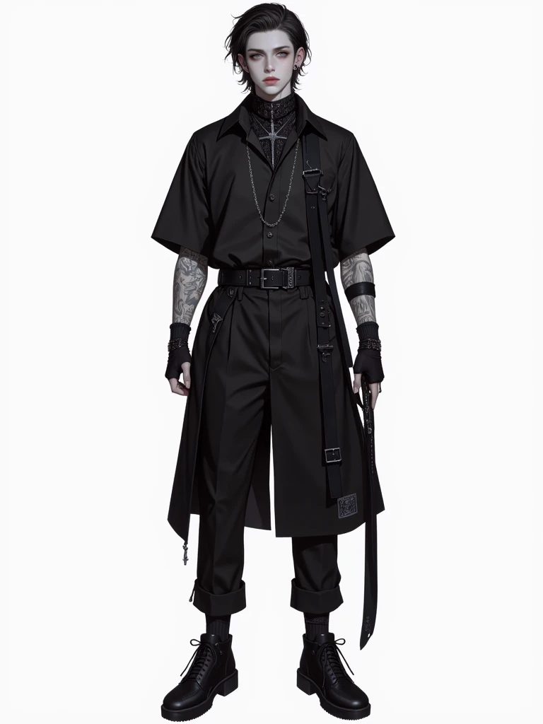 Alternative goth faceless muscled and tall long sliver blonde hair boy walking in black punk plataform boots and a long skirt in a vintage style, a black backpack, musculed legs and solid background