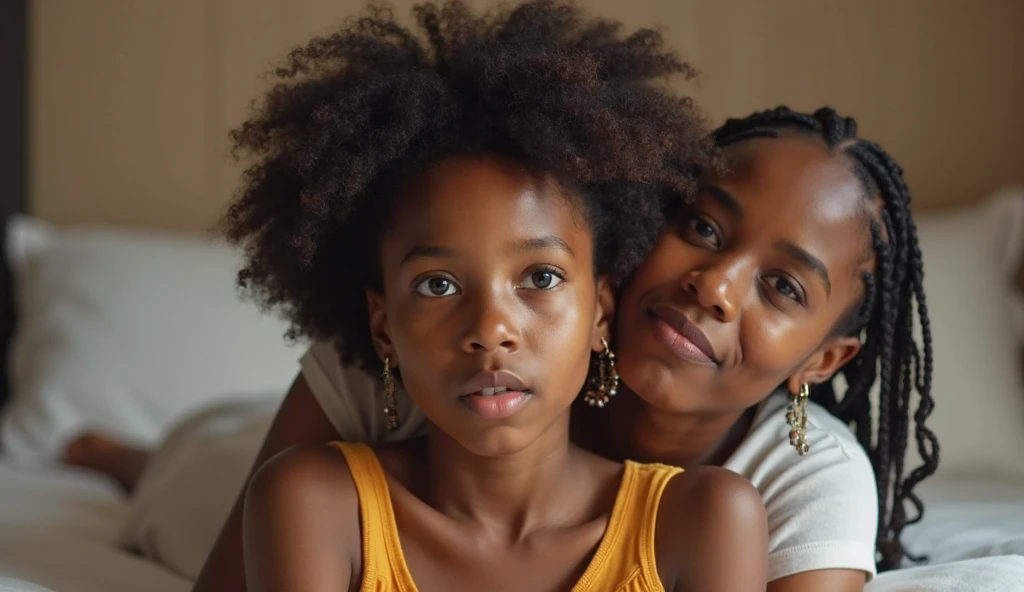 Create a image of a realistic, black mother, comforting her children