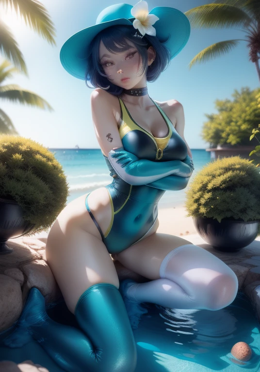 A beautiful, SEXY, EXOTIC AND EROTIC anime style, BULMA CALL, woman with perfect body, slim waist AND FIRM BREASTS, SHORT hair, wearing a bikini, highly detailed, masterpiece, 8K, photorealistic, elegant, dynamic pose, intricate details, vibrant colors, dramatic lighting, WATER IN background + TOOPLESS