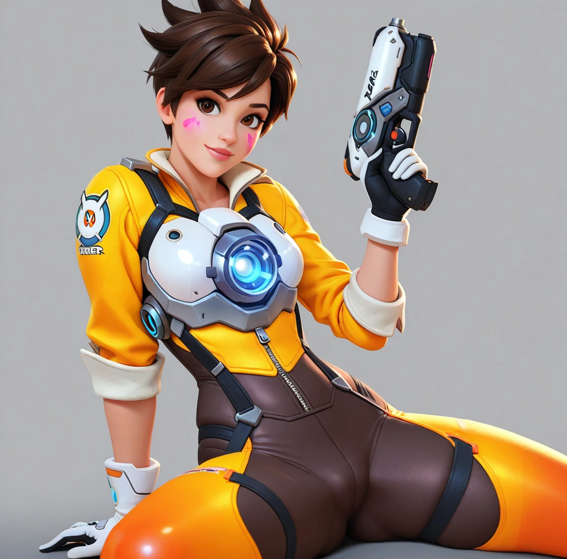 ((best quality)), ((highly detailed)), masterpiece, absurdres, extremely detailed face, beautiful face, (detailed eyes, deep eyes), (1girl), reflection, dynamic pose, cowboy shot, ((very wide shot)), <lora:OverWatch_Tracer-DEF:.75>, tracer, short hair, brown eyes, ear piercing, small breasts, smiling, goggles, bomber jacket, gloves, harness, cross-laced leggings, (indoors, on a space station, space, stars)