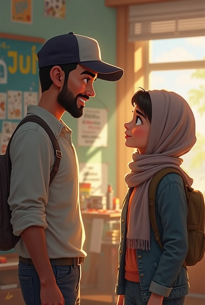 disney pixar poster that say "since 16" make me a novel cover, with happy vibes, there is a girl in a high school uniform, white top and long gray skirt, wearing a white headscarf. and a tall teenage boy wearing a gray white uniform with burst fade hair. background at school. add a few details or elements of the novel cover as usual.  3d animation