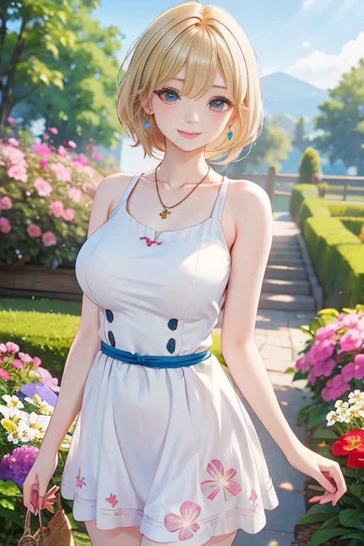(masterpiece:1.3, Highest quality, Ultra-high resolution, Super detailed), (Realistic:1.1, photoRealistic:1.4), Beautiful illustrations, Perfect lighting, colorful, Depth of written boundary, Beautiful detailed hair, Beautifully detailed face, Beautiful attention to detail, Beautiful clavicle, Beautiful body, (Beautiful small breasts), Beautiful thighs, Beautiful feet, Beautiful fingers, View your viewers, 1 girl, Japanese, high school girl, Perfect Face, (Perfect Anatomy, Anatomically correct), Cute and symmetrical face, Baby Face, Sunburn, Glowing Skin, (short hair:1.5, Bobcut:1.2, Ash Blonde Hair), Hair between the eyes, blue eyes, Long eyelashes, thin, (Pale pink dress, Black tank top, White Skirt), (Are standing), (Cute smile,, Close your mouth),