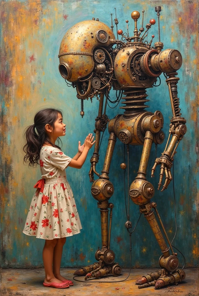 Robbie is a short story by Isaac Asimov, which is part of his I, Robot collection. The story is set in the future and centers on a robot named Robbie, who is designed to care for ren. Robbie is assigned to look after a young girl named Gloria, and the bond they share is central to the plot.

At first, Gloria’s mother is hesitant about the robot, viewing it as a potential threat, but over time, Robbie proves his worth by being a dependable and caring companion for Gloria. However, Gloria’s mother becomes increasingly uncomfortable with the robot's presence as societal norms and fears around robots grow stronger. Eventually, the family decides to part ways with Robbie, and the robot is sent away.

The story explores themes such as the relationship between humans and machines, the fears surrounding artificial intelligence, and the role of robots in society. It also reflects on the emotional connections that can form between humans and machines, challenging the notion that robots are simply tools devoid of emotional value. The story has a poignant ending, revealing that the bond between Robbie and Gloria remains strong despite their separation.

generate images for painting to a university level student 