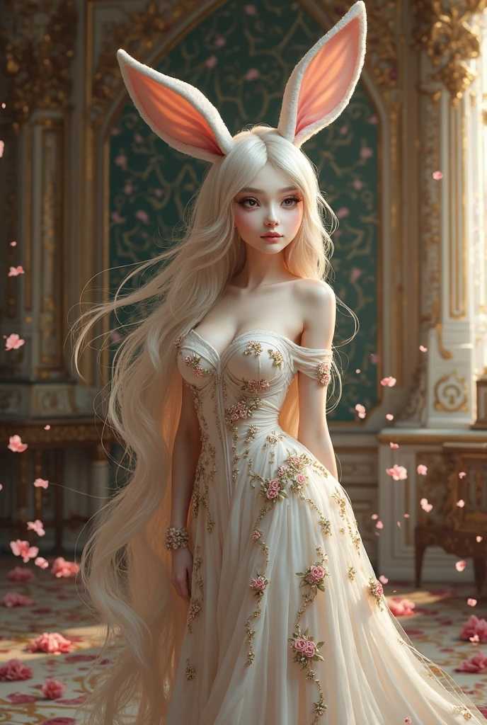 Bunny girl、Shyness、cute、Large Breasts、Grip、An anime character blushing, wearing a white Bunny girl outfit.、nsfw、Alphonse Mucha's's painting style、print、Anatomically correct、art nouveau、Fake smile、Watery eye