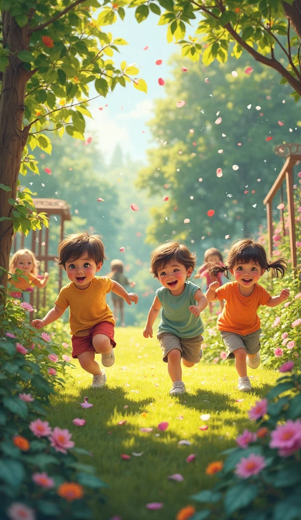 Picture of spring with flowers blooming greenery and kids playing