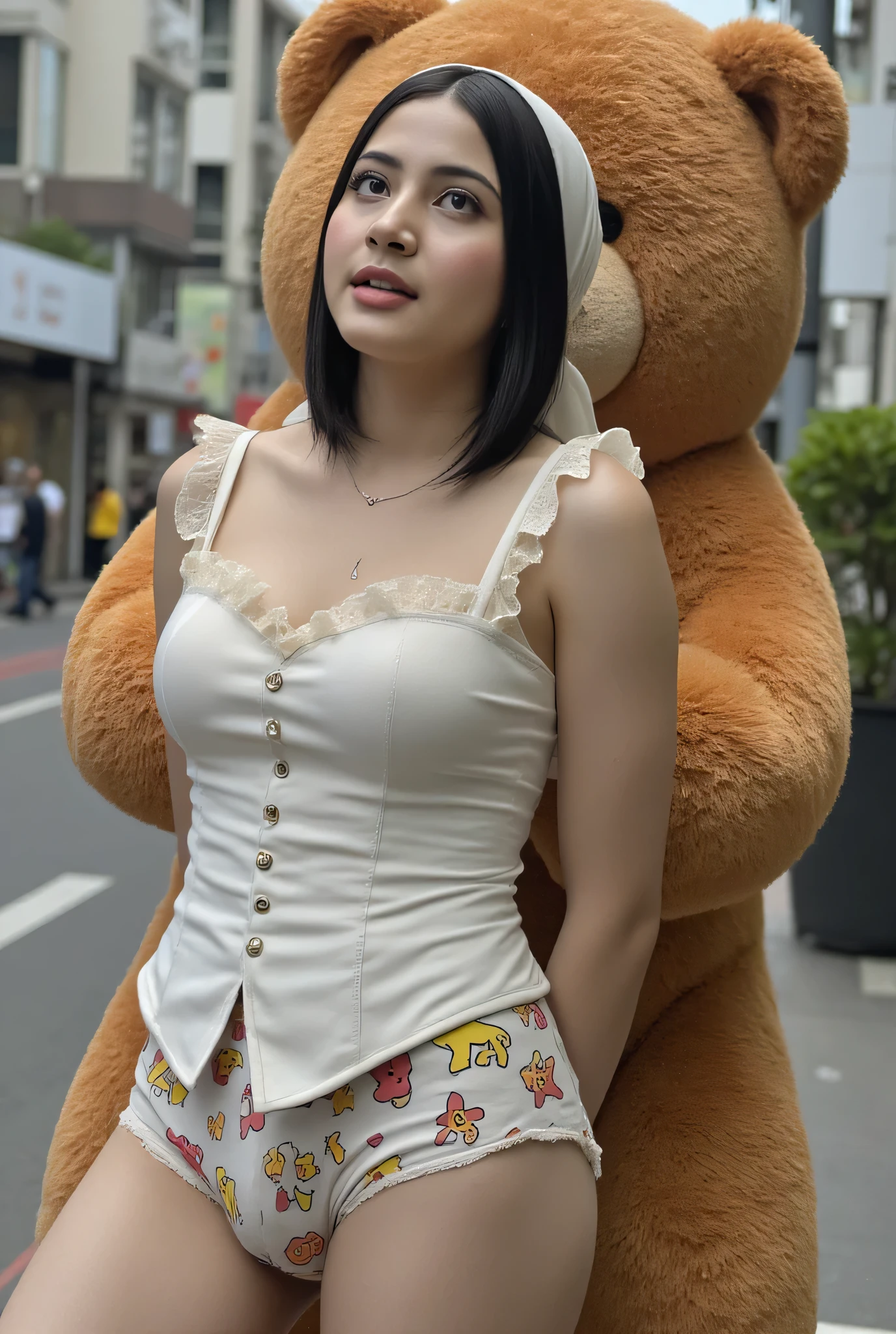 SMALL CUTE MALAY SCARF HIJAB GIRL WEARING WHITE RUFFLE CORSET, (realistic, photo-realistic:1.4), (1 FUTUNARI), medium breast, and pooh plain panties, hand on hips, ((medium NIPPLES)), ((TEARS)). KEDUA BELAH TANGAN DILETAK DIBELAKANG PUNGGUNG' Futanari long erect penis, background Di tengah Kota Yang sepi Di negara jepun, TEDDY BEAR SANGAT BESAR MEMELUK SAYA DARI ARAH BELAKANG