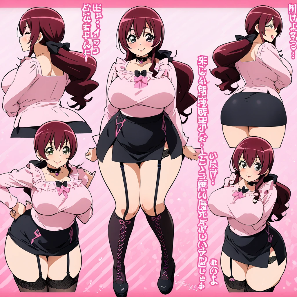 big lips, Brown hair, pink eyes, japanese face, improve, improve grin, two sides up, huge breasts, Wide hips, sexy, detailed, pink room, Hits, (evil smile1.4), kawaii, pleated skirt, punk, GOOD, Pink and black suit, plaid skirt, punk shirt, choker, punk skirt, punk shirt,navel piercing
