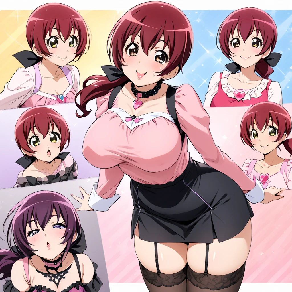 big lips, Brown hair, pink eyes, japanese face, improve, improve grin, two sides up, huge breasts, Wide hips, sexy, detailed, room, Hits, (evil smile1.4), kawaii, bunny skirt, GOOD, bunny suit, bunny skirt, bunny shirt, bunny choker, bunny skirt, bunny shirt, navel piercing