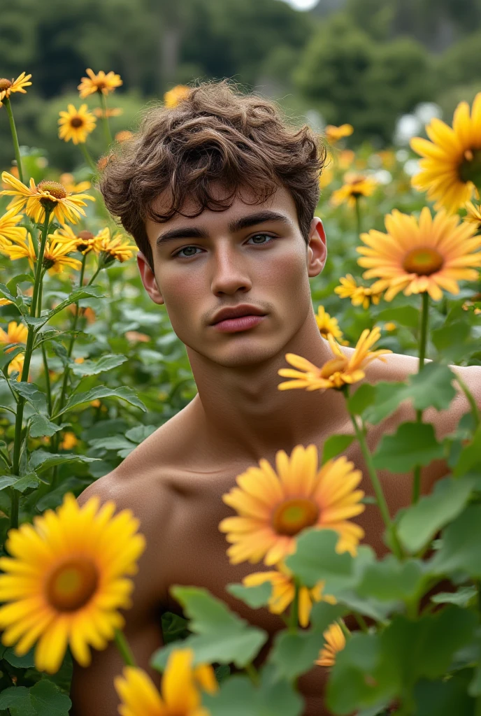 Young handsome cute beautiful skinny white face without shirt con un jirasol en un campo de girasol cowboy recogiendo girasoles en mano
