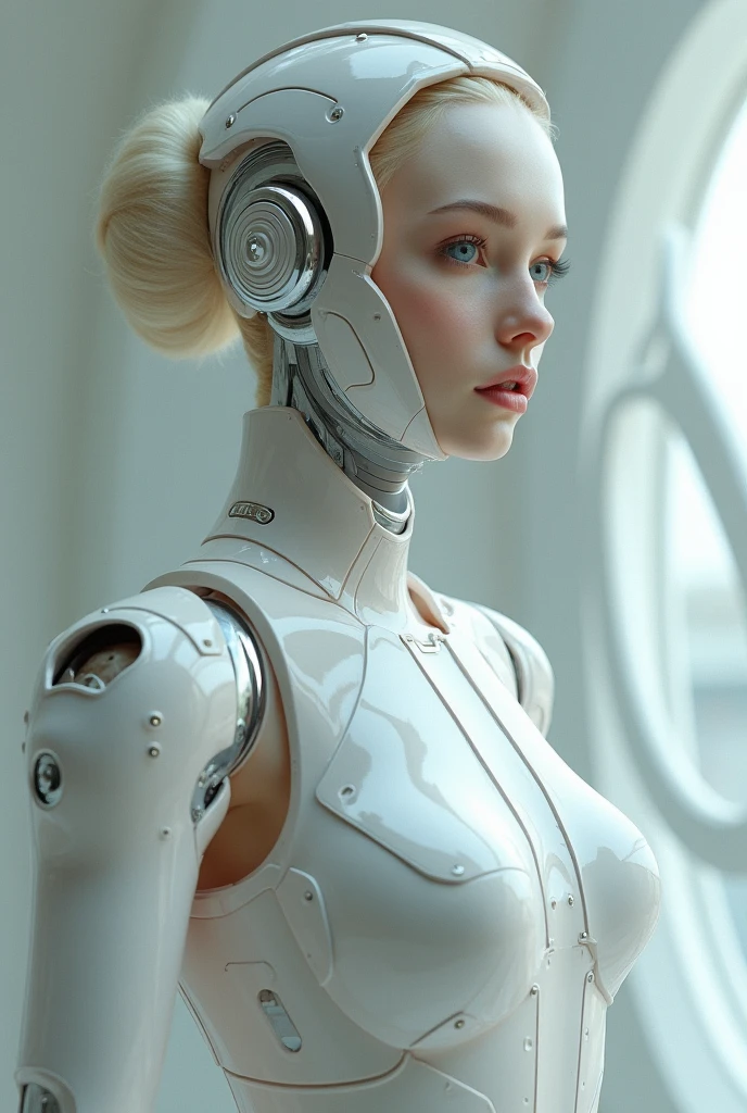 complex 3d render ultra detailed of a beautiful porcelain profile woman android face, cyborg, robotic parts, 150 mm, beautiful studio soft light, rim light, vibrant details, luxurious cyberpunk, lace, hyperrealistic, anatomical, facial muscles, cable electric wires, microchip, elegant, beautiful background, octane render, H. R. Giger style, 8k, best quality, masterpiece, illustration, an extremely delicate and beautiful, extremely detailed ,CG ,unity ,wallpaper, (realistic, photo-realistic:1.37),Amazing, finely detail, masterpiece,best quality,official art, extremely detailed CG unity 8k wallpaper, absurdres, incredibly absurdres,  robot, silver halmet, full body, sitting