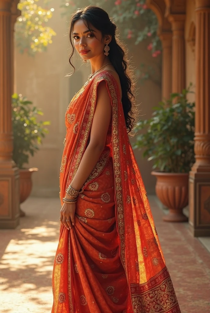 (photorealism:1.2), beautiful girl, plus size body:8.5, standing in room, view head to legs, wearing silk saree off-shoulder top, long hair, indoors, soft lighting, plants in background, window with sunlight, cozy room, energetic pose, realistic, intricate details, cold colors, by Greg Rutkowski, by Alphonse Mucha