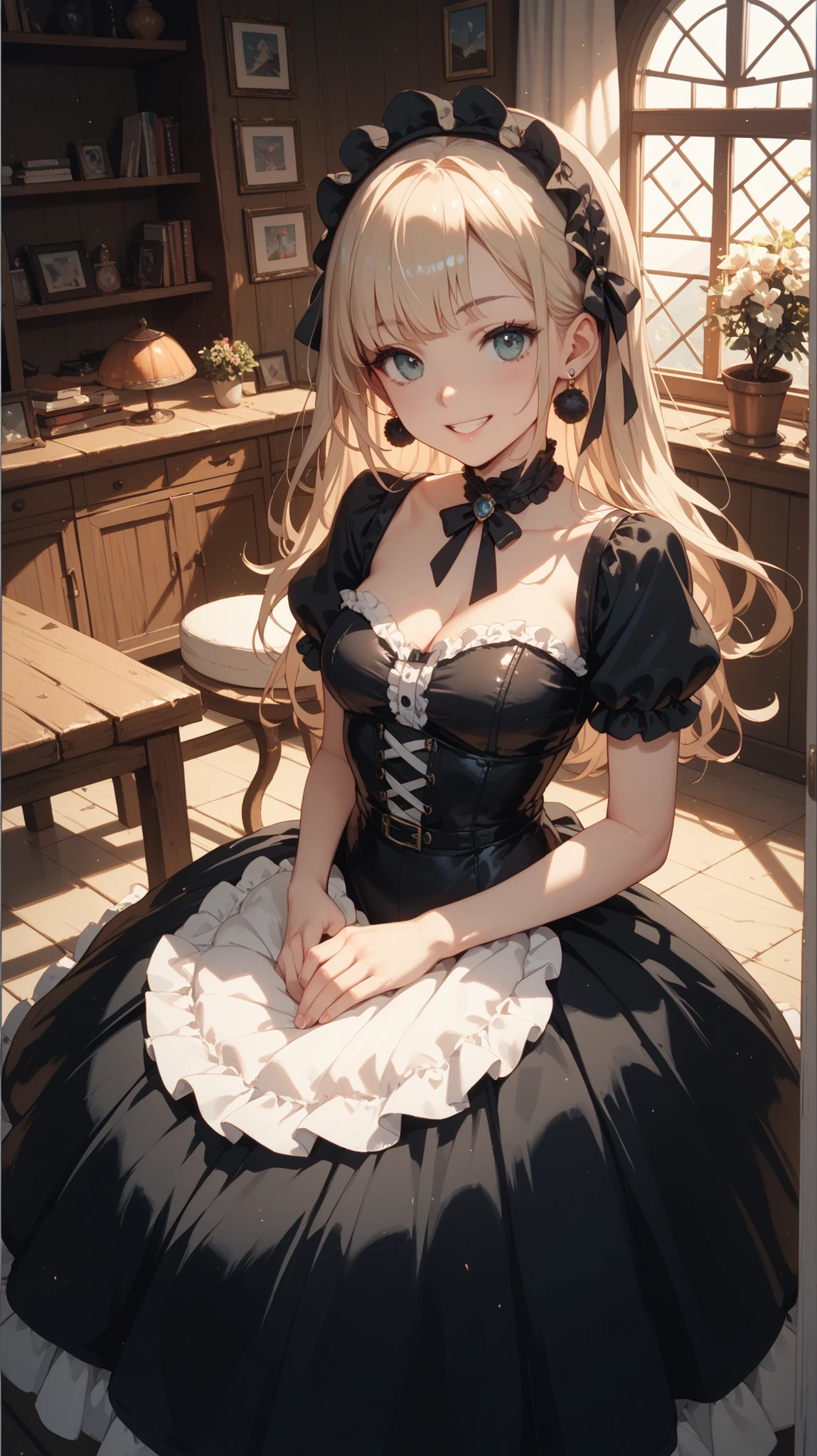 top-quality、supreme1People Girls,hightquality,A detailed face、A detailed eye、Detailed nose、Detailed mouth、 Beautiful expression, ((masuter piece)), ((High resolution)), ((Best Quality)), detail, (??? faced、Excited face.Very happy,), ((Skin shiny with sweat)), (maid clothes:1.6、garterbelts:1.3、stockings:1.4)、 girl with, a blond, (Half Twin Tail)、sit down and open legs:1.3、fair white skin:1.3、、Smaller chest, cinmatic lighting, perfectly shaded,(((Western Pavilion))), Realistic lighting with shades,Reflecting the whole body