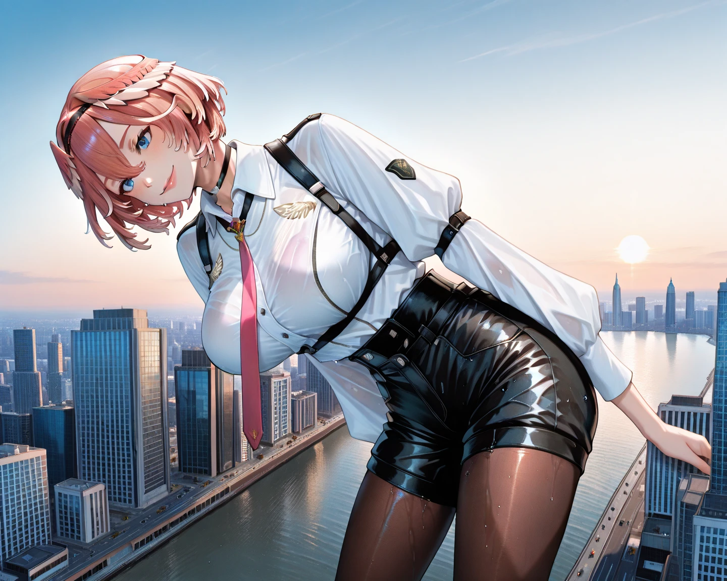 school blouse, plaid skirt, in city, (invisible, no humans, headless, faceless:1.5), cute big breast, absurdres, highres, ultra detail, Clothing Details, from side, close view