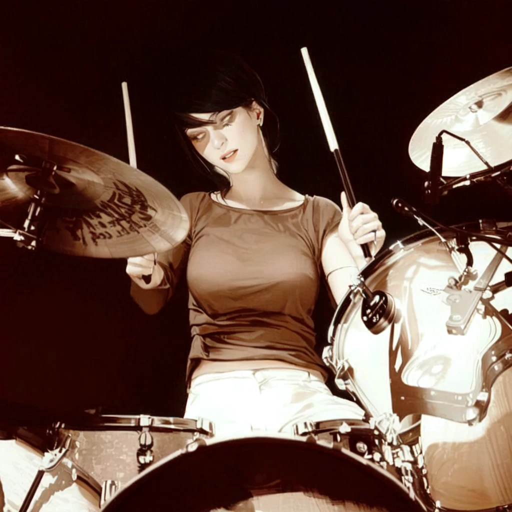 A woman plays drums naked