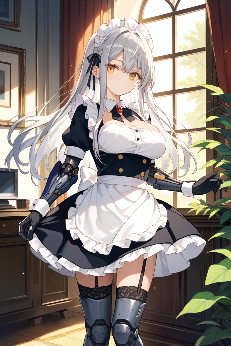 A woman wearing a white maid dress, black skirt, white apron, white tights, white gloves, long white hair, red eyes, big breasts, black heels, smiling, full body, holding a tray perfectly with a cup of coffee and sandwich, (just a tray), walking into a luxury room, background window, projected shadow, anaglyph, stereogram, tachi-e, dot view, atmospheric perspective, 8k, superdetail, accurate, best quality, award-winning, textured skin, high resolution, anatomically correct, bokeh effect, ((solo woman)
