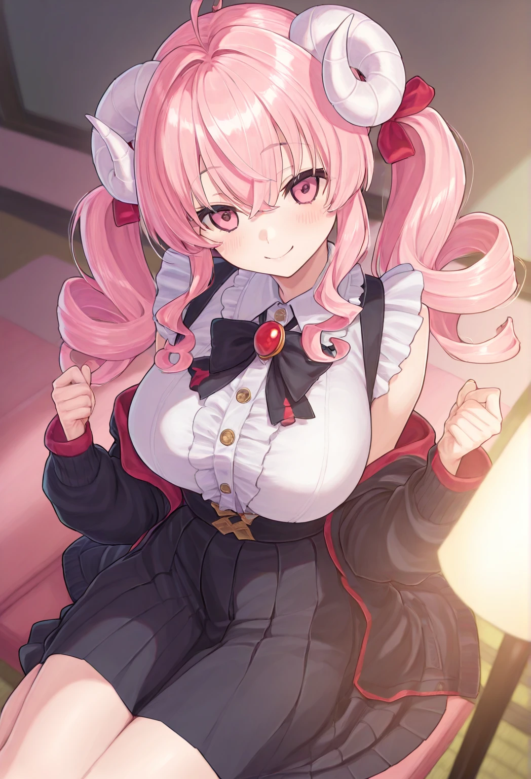 Happy young girl, with wolf ears and pink hair, holding her cheeks, wolf tail, wearing a latex dress, looking at veiwer, full body, you can see her chest, naked breasts