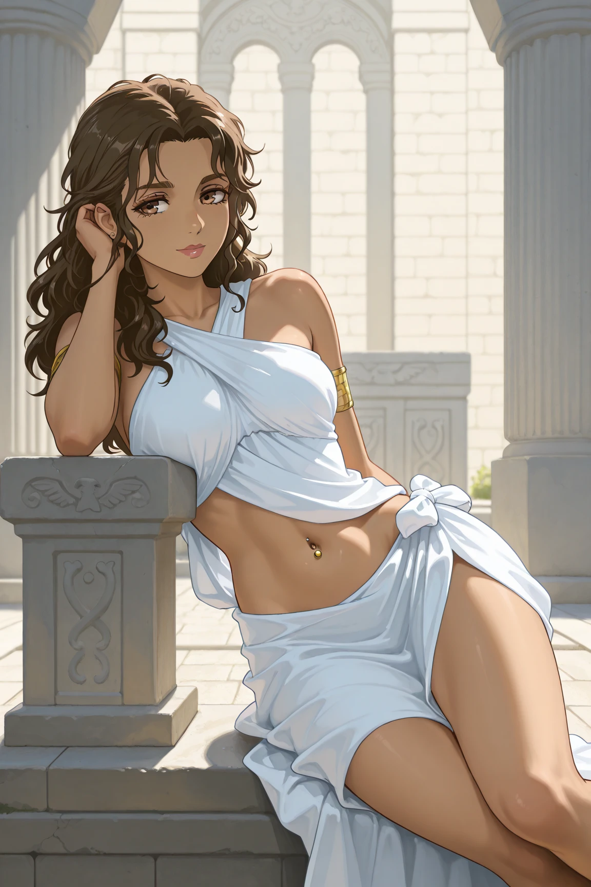 attractive korean woman, ripped muscle, muscular body, small breast, pale skin, smile(blush), nude, heels, sarong, thin chain necklace, sixpack abs, [ultra detailed skin:1.2], brown hair, wavy hair, 8k uhd, pussy, full body, crowd, public, night, sitting, spread legs,