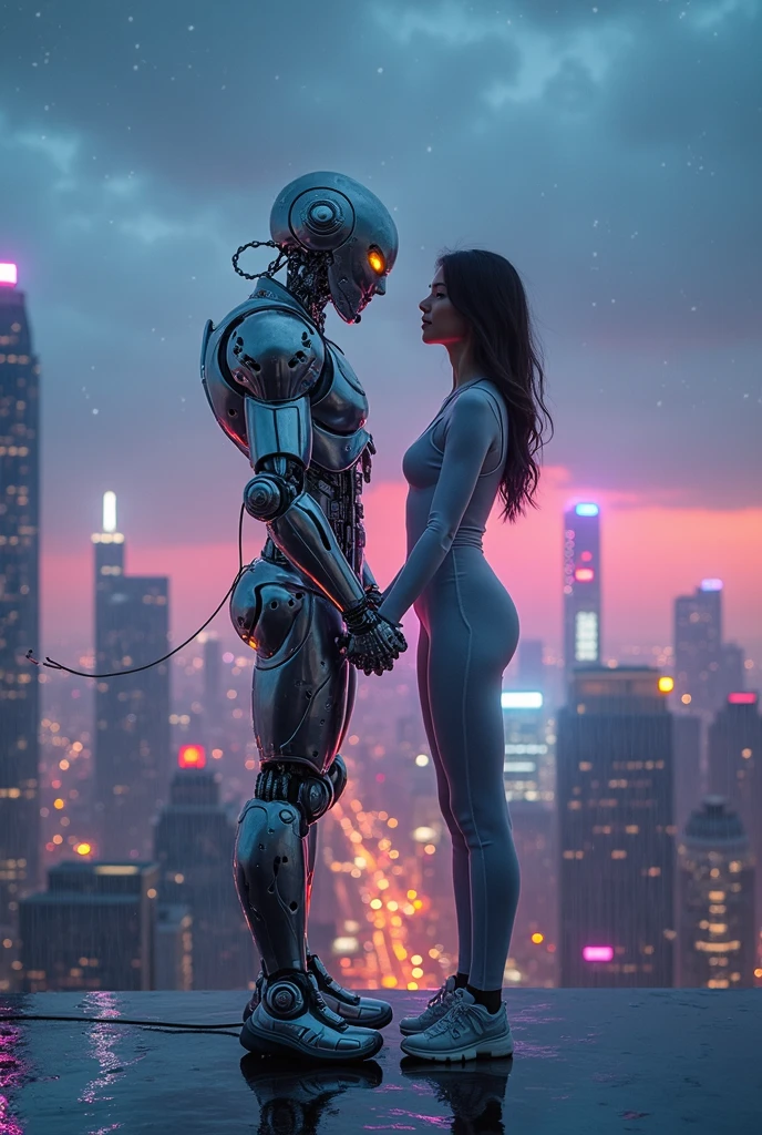 Sexual relationship between a male cyborg and a female cyborg on the roof of a skyscraper, high quality, best quality, absurdres, masterpiece, beautiful, intricate details, 1/2 body crop, slim body, beautiful figure, magnificent anatomy, (intricate details:1.12), HDR, (intricate details, hyper-detailing:1.15), (natural skin textures, hyper realisitc, soft light, Sharp:1.2)
