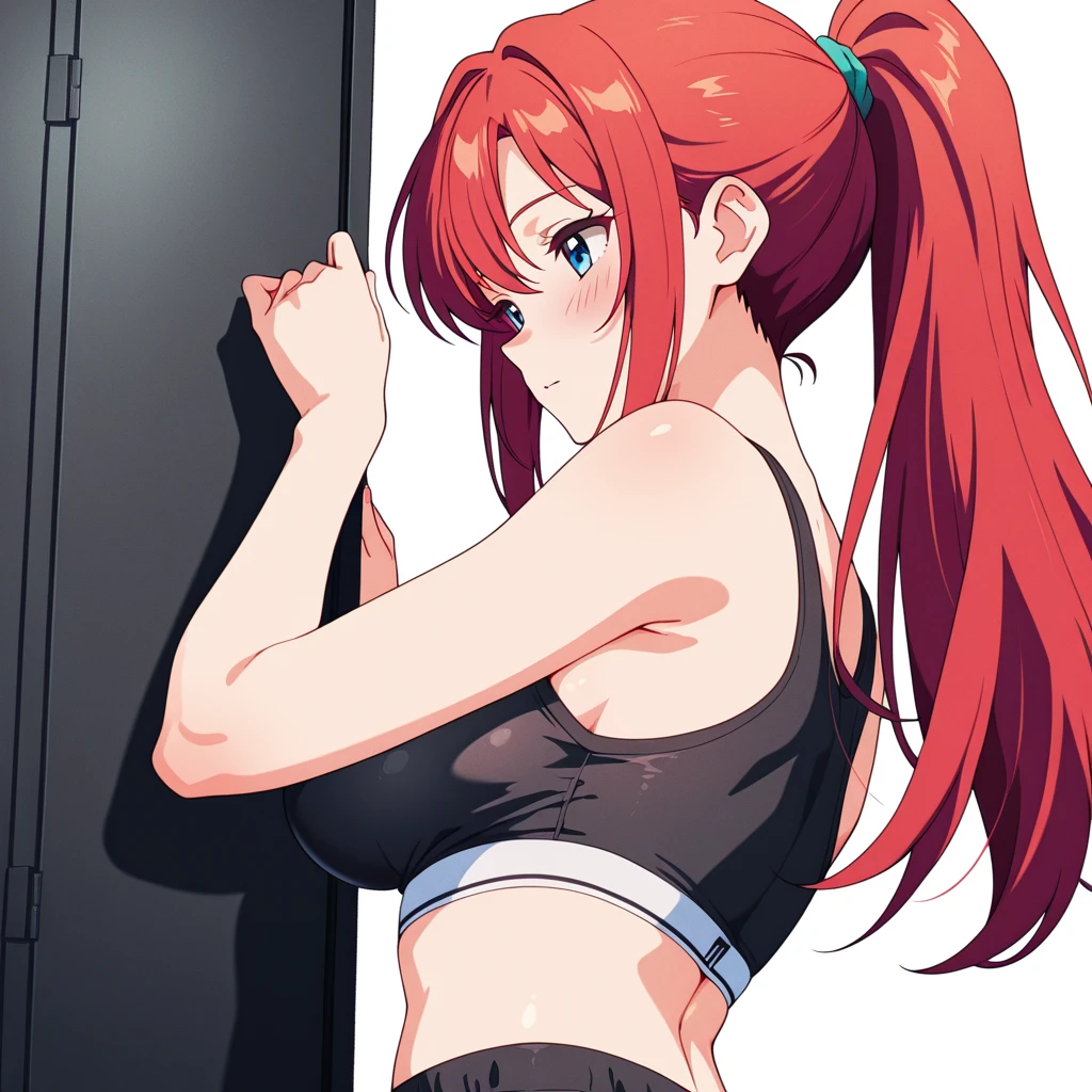 1girl, highres, sharp focus, pixiv masterpiece, ((intricate details)), highly detailed, one eye, detailed eyes, fair skin, reddish pink hair, stella vermillion,costume: sportswear, leggings, sports bra, joy ride style, ilya kuvshinov,anime moe artstyle, female anime character, anime character,