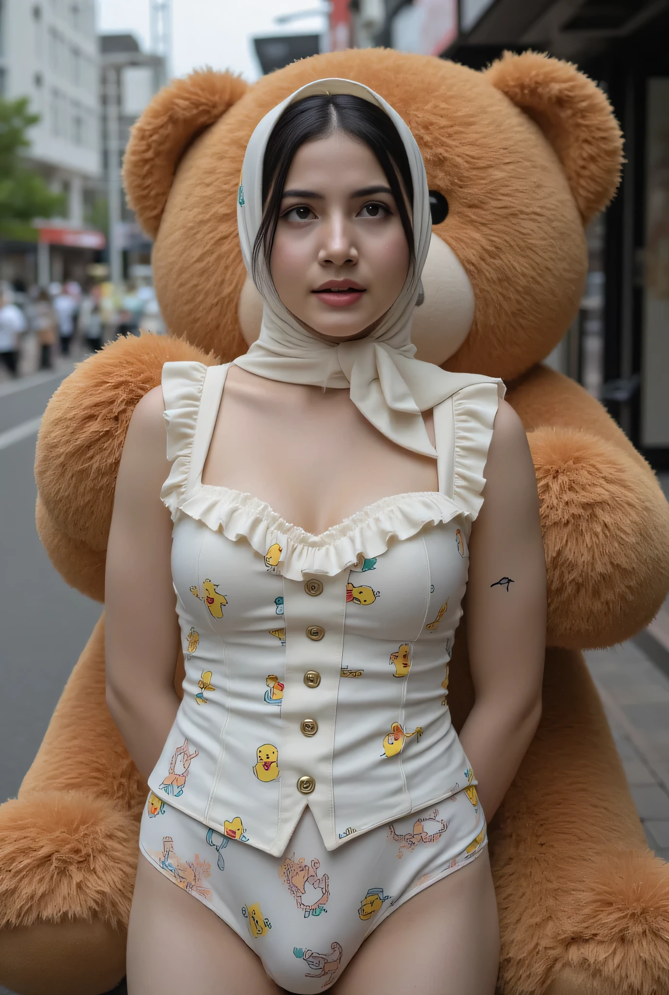 SMALL CUTE MALAY SCARF HIJAB GIRL WEARING WHITE RUFFLE CORSET, (realistic, photo-realistic:1.4), (1 FUTUNARI), medium breast, and pooh plain panties, hand on hips, ((medium NIPPLES)), ((TEARS)). KEDUA BELAH TANGAN DILETAK DIBELAKANG PUNGGUNG' Futanari long erect penis, background Di tengah Kota Yang sepi Di negara jepun, TEDDY BEAR SANGAT BESAR MEMELUK SAYA DARI ARAH BELAKANG