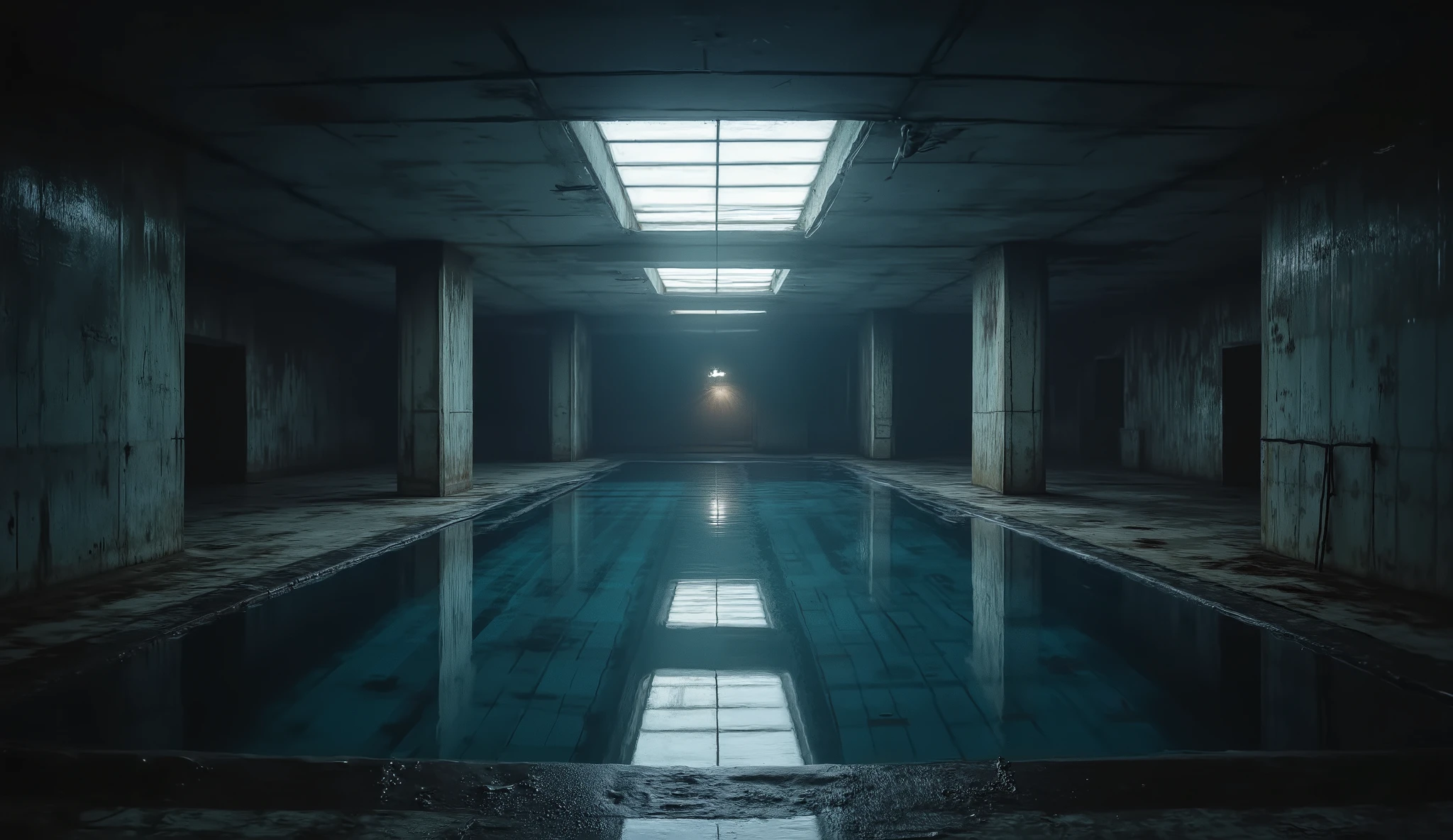 A swimming pool in a dark basement, liminal, hyper realistic, high detail, masterpiece.
