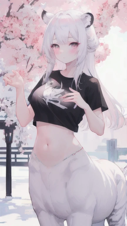 (best quality, masterpiece), 1 girl, centaur, It takes, White skin, Korean ,daughter,black pink,Smiling, exposing the abdomen, belly button t-shirt , 아름다운 소녀 Perfect wild white tiger photo, Perfect wild white tiger photo