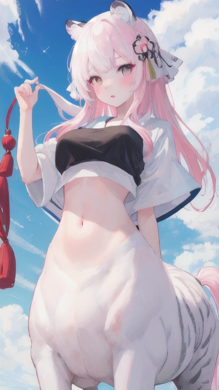 (best quality, masterpiece), 1 girl, centaur, I beg, White skin, Japanese schoolgirl,daughter,black pink, exposing the abdomen, belly button t-shirt , beautiful girl perfect, White tiger photo, Perfect swimsuit pictures