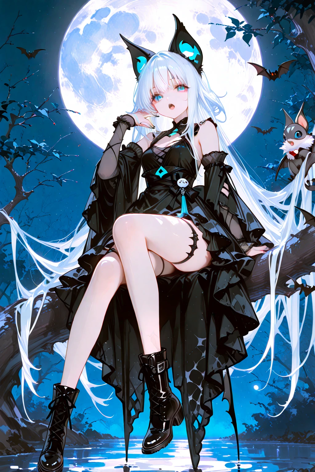 In the Halloween Forest Super Idol Devil Beautiful Girl A charming smile sky blue hair length hair Twin-tailed The Demon Queen's Long Dress a moon starrysky