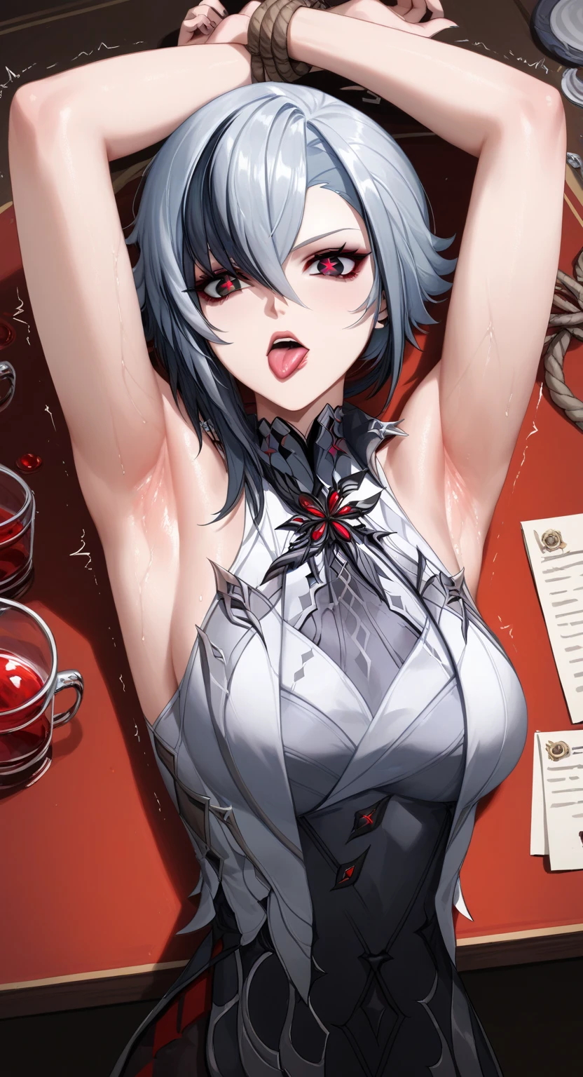 (((top-quality))),((​(masterpiece))),(((detaileds))),(((high resolution))),(((Beautiful and Aesthetic Work: 1.5))),(Ultra High Resolution), (Ultra Detail),(((Detailed background))),megami magazine,fine art,Sharp focus,Delicate and beautiful hair and eyes and face,realisticlying,saliva,saliva trail,(orgasm,evil:1.6),(water eye:1.5),hotel room,beautiful face,white blonde hair,red eyes,blush, sweat, open mouth, rolling eyes, tears,Clear white skin,gigantic breasts,(Maid Costume),spread pussy,(show off spread armpit,waki kupa, armpit focus :1.5),