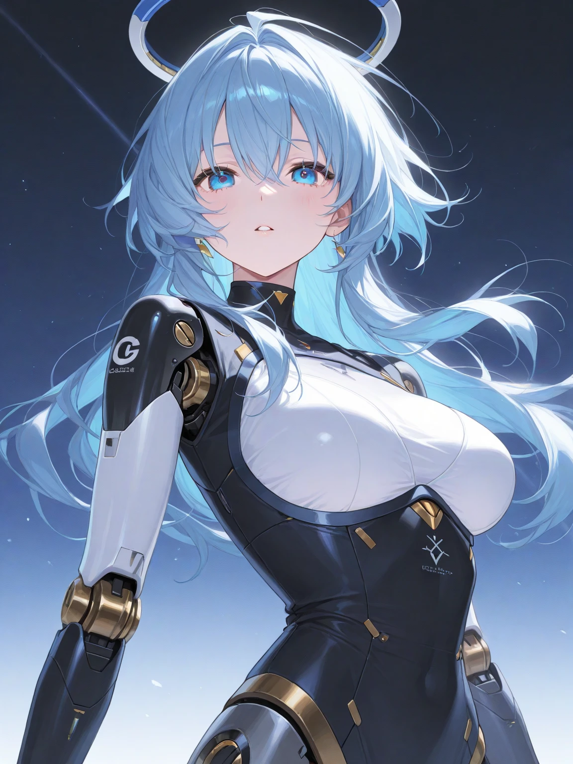 (((masterpiece))), (((best quality))), ((ultra-detailed)), (highly detailed CG illustration), ((an extremely delicate and beautiful)), cinematic light,((1girl)), solo, (upper body), (character focus), absurdres, high contrast, extreme detailed,colorful,highest detailed, science fiction, nanosuit, high ponytail, (light blue hair), yellow eyes, knee boots, (spacecraft interior), mechanical limbs, large breasts, metal wire,