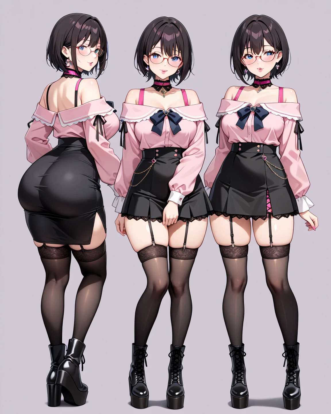 (multiple drawings of the same, beautiful plus sized woman trying on different lingerie sets), professional illustrations, anime, hentai, doujinshi, comic style, anime art style, plus-size model, sensual appeal, body-positive representation, diverse lingerie styles, flattering cuts, various colors, pastel shades, artistic illustrations, curvy silhouette, natural beauty, body confidence, character sheet, multiple drawings of one character, outfit drawings, different poses, different outfits, side by side drawings, character sketches