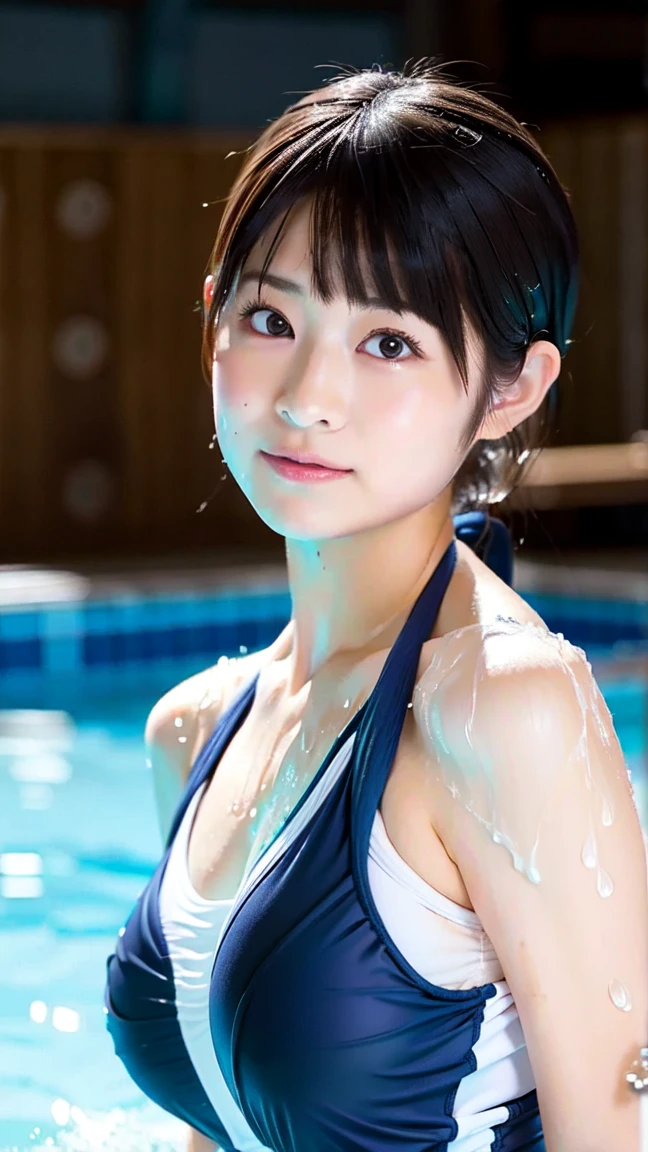 Swimsuit、huge 、Short brown hair、15-year-old gravure idol、Shiny, oily skin、Glowing Skin、Indoor competition pool、White skin、Bust Shot、