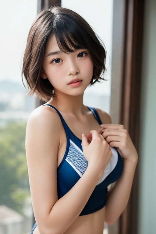 (1 woman:1.99)、(Wide forehead、Very short hair、Very small amount of hair、Forehead、Fuji frame:1.1)、Sunburn、17 years old、Naughty、Happy expression、満面のsmile、Weakness、I feel very comfortable alone、(wake up、I'm going to be late)、(Futuristic clothing in white and fluorescent orange),((Very sleepy、Improves skin texture,smile、Narrow eyes、Very weak eyesight、Very weak eyeliner、Half-closed eyes、I know the shape of your head、Oval Face))、(slicked back hair:1.25)、Photographic, Raw photo, Mastepiece, Highly detailed photos, Digital SLR, Photo-realistic 1.4, Super hello nothing, Best Quality,(standing、tilting your head、whole body:1.7)