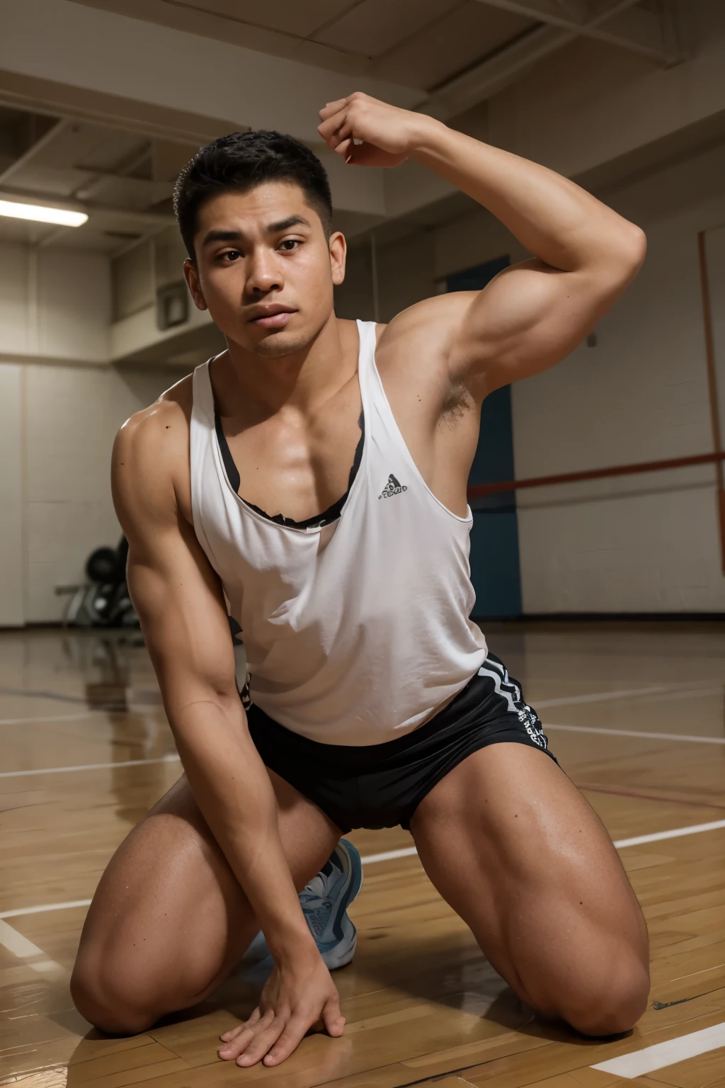 Close up picture of a young muscular Asian badminton player man ,wearing only shorts , shirtless, smile, cross arm, standing and looking into the camera with a serious expression on his face, a badminton racket, badminton shuttlecock, in a badminton court background,Masterpiece，8K