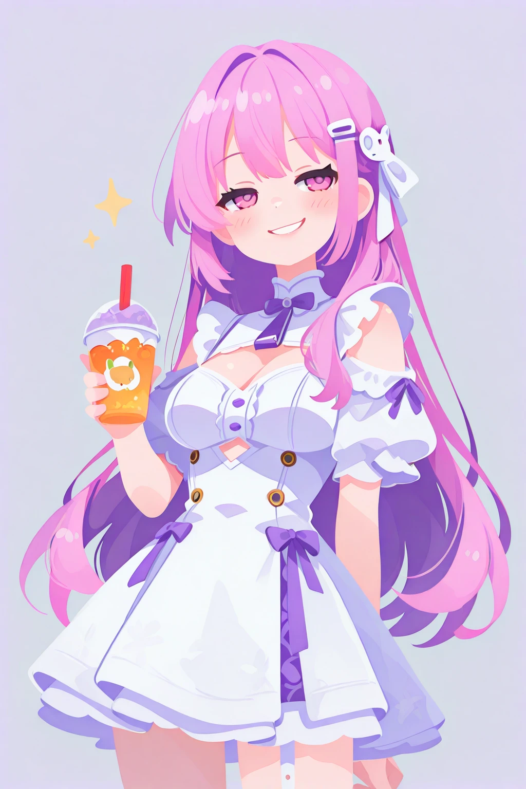 haiz_ai:0.6,no lineart:0.232352,no outline,C0utur3Cr4z3:0.6 ,Minimalist coloring:0.8,1girl, Dorothy_ nikke, goddess of victory: nikke, mitsumi, pink hair, soft smile, looking away, alternate costume, outdoor soft color, holding drink, pov, pink eyes, blush, cowboy shot, simple background,hair clip, purple hair clip, charming smile, smirk, medium breast, dress, long hair, clothing cutout