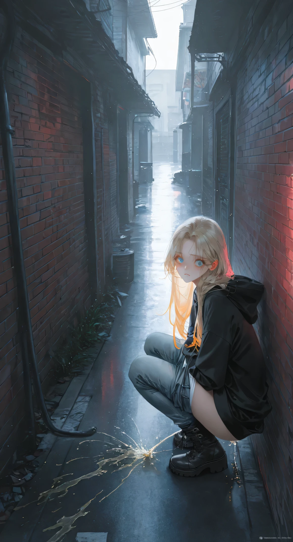light particles,lens flare,(artist:quasarcake:0.8),extreme aesthetic,(wlop:0.6),wanke,rella,wanke,masterpiece,best quality,good quality,newest,year 2024,year 2023,very aesthetic,absurdres,Visual impact,perspective composition,A shot with tension,sharp focus,Emotionalization masterpiece,unconventional supreme,masterful details,with a high end texture,in the style of fashion photography,(Visual impact:1.2),impactful picture,offcial art,colorful,movie perspective,very aesthetic,absurdres,hyper-detailed,detailed clothes,natural folds,detailed clothes folds, 1girl, solo, blonde hair, long hair, looking at viewer, shocked, embarrassed, black hoodie, jeans, jeans down, white panties, panties down, boots, squatting, back to the wall, peeing), full body, outdoors, alley, from side, from above, diagonal view, seen around the corner, view from distance, far shot, wide shot, perspective,