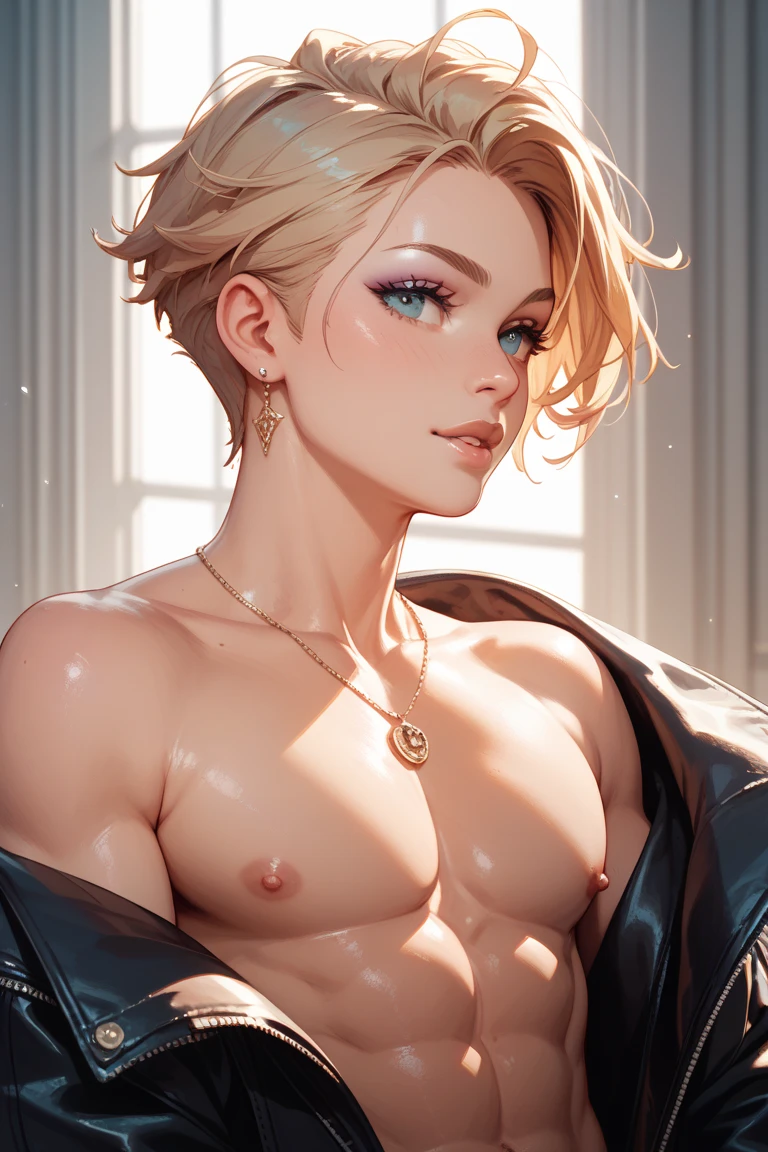 1boy, black eyeliner, male medium length mullet hairstyle, medium sharp hair texture, blonde hair, handsome, blue eyes, bedroom background, red lipstick, femboy, blush, thin waist, choker, beautiful face, naked, penis, sweaty, open mouth, half open eyes, holds his hands behind his head