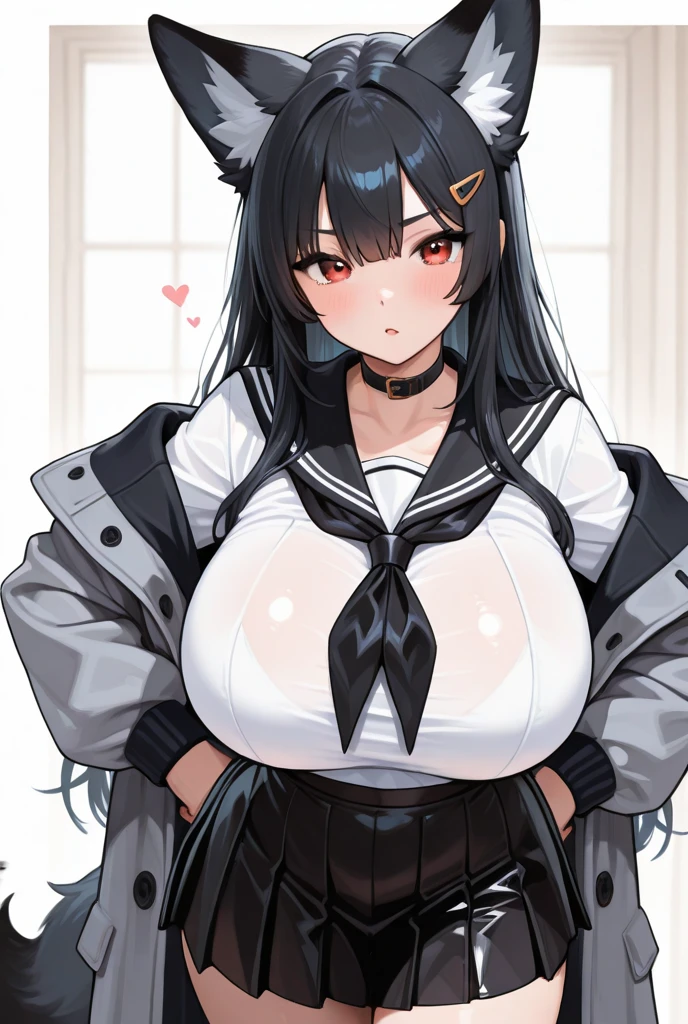 1 girl,CG,huge breasts, black hair, long hair, straight hair, black eyes,((high school girl)),((take a pose)),((white background))
